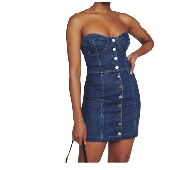 Reformation NEW Nikki Strapless Bustier Denim Mini Dress - Picture 1 of 8